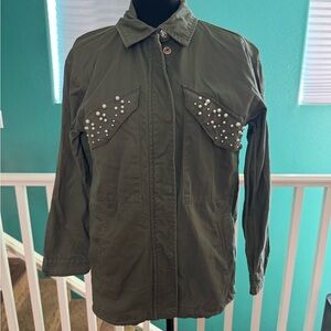 Women's Olive Utility Jacket with Pearl Accents - Size XS